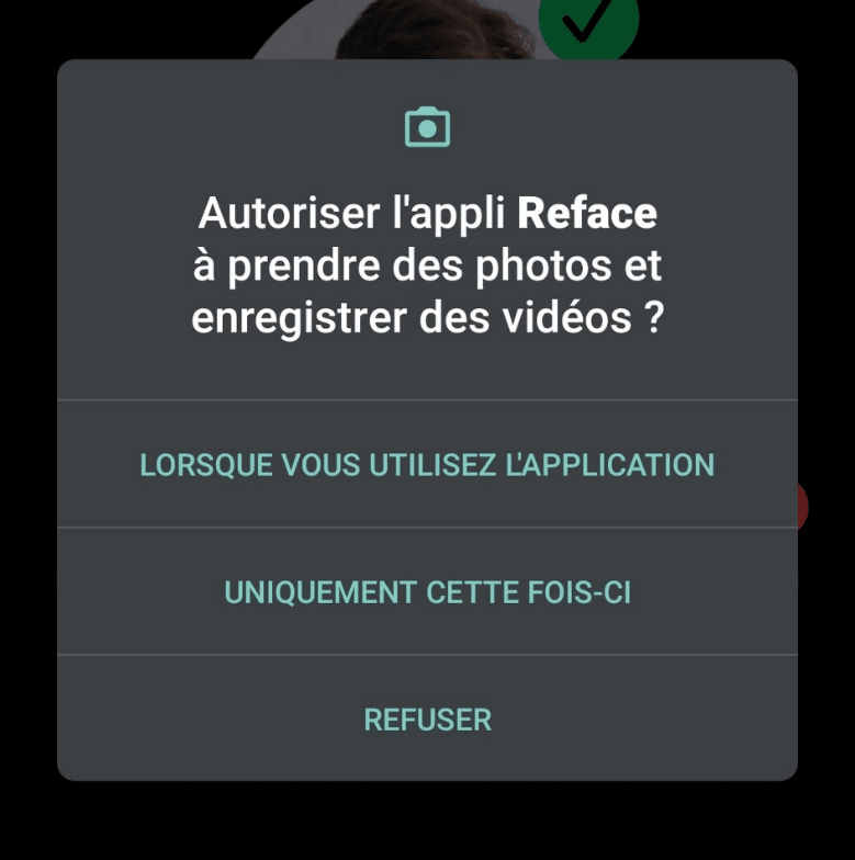 Reface autorisation pour photos et vidéos Les autorisations de l'application