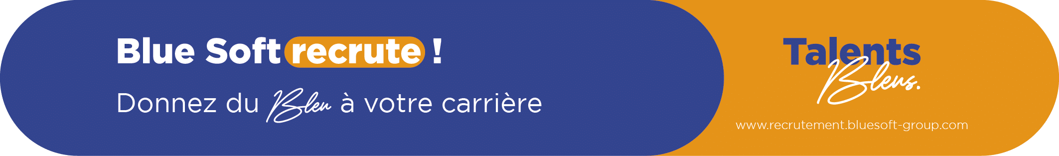 Bannière de recrutement de Blue Soft qui permet d'aller vers Talents Bleus le site de recrutement du groupe Blue Soft
