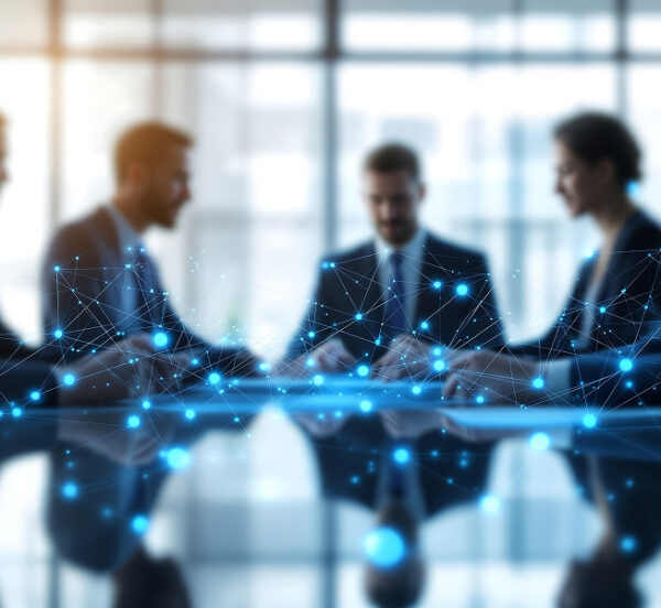 3 personnes sur un bureau avec un fond technologique